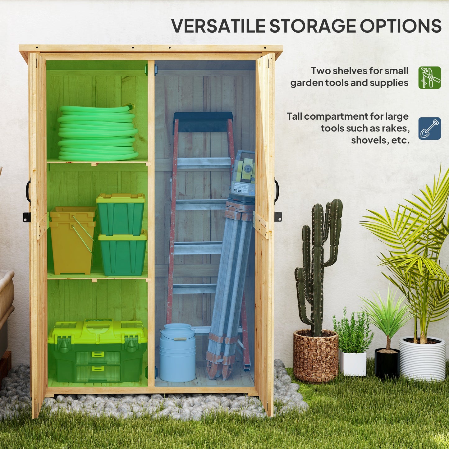 Outsunny Wooden Garden Storage Shed, Tool Storage Cabinet with Asphalt Roof and 2 Shelves for Garden Tools, Equipment, Outdoor Tool Shed with Double Doors, Natural