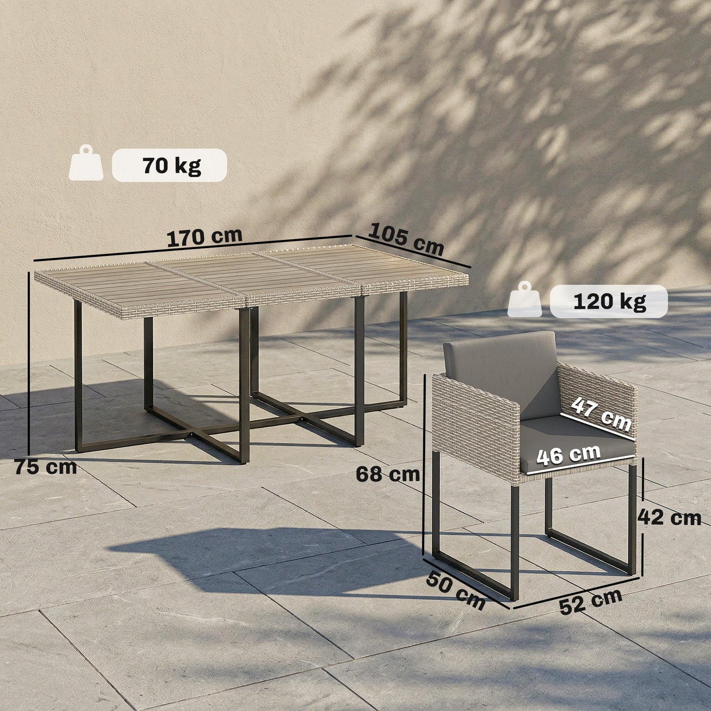 Outsunny 7 Piece Rattan Garden Furniture Set, Garden Dining Set with Wood-Plastic Table and 6 Stackable Chairs, Light Grey