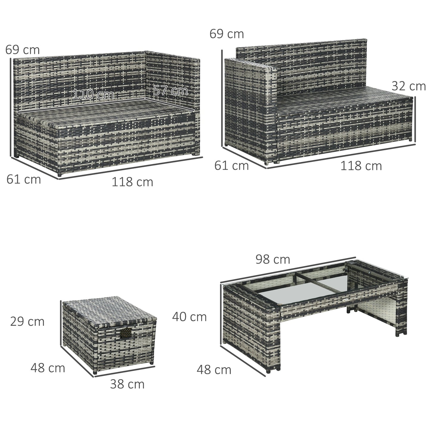 Outsunny 6 Piece Rattan Garden Furniture Set, 8-Seater Outdoor Sofa Sectional with 3 Cushioned Loveseat 2 Footstools Table Grey