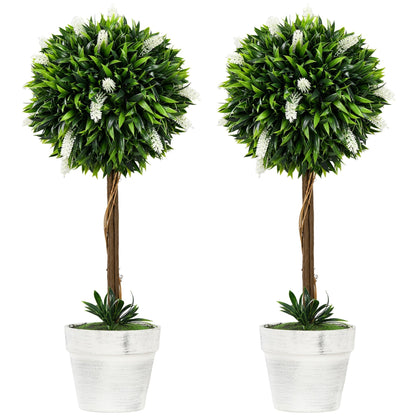 HOMCOM Set of 2 Decorative Artificial Plants Ball Trees with Flower for Home Indoor Outdoor Decor, 60cm,White