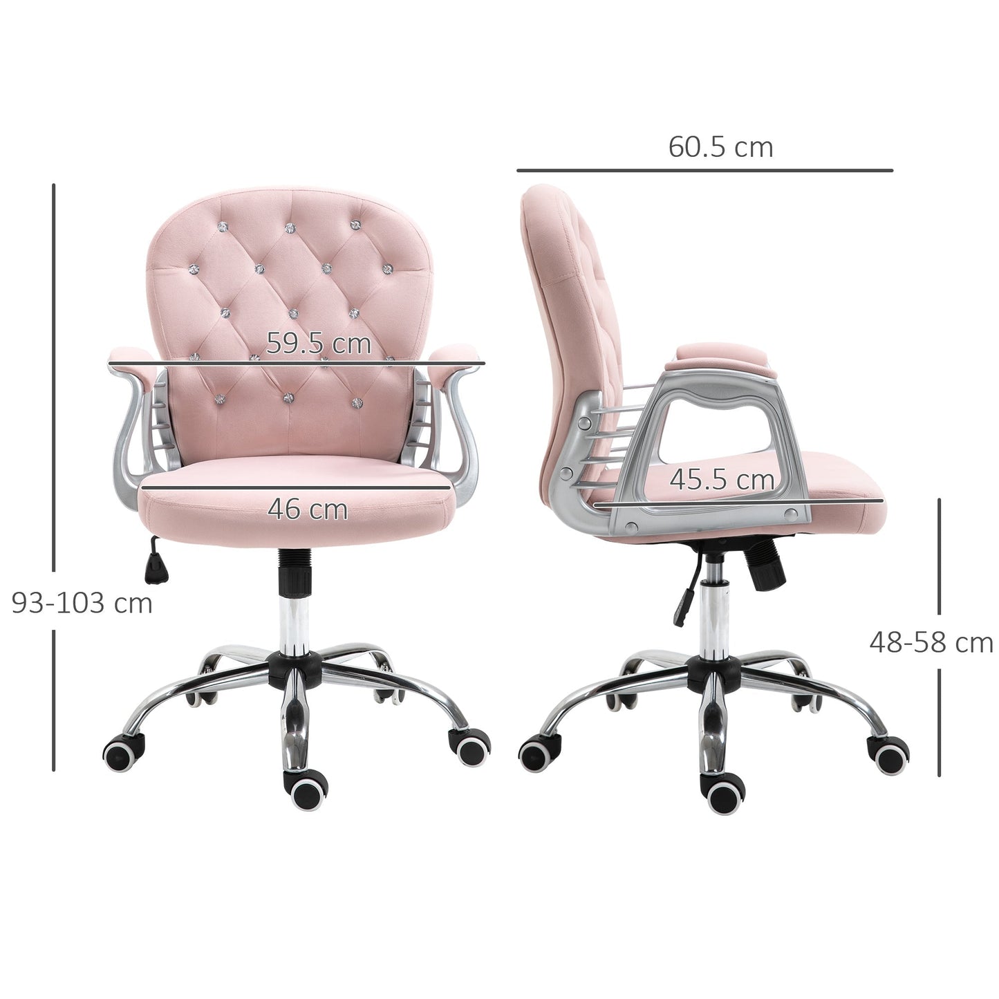 Vinsetto Office Chair Ergonomic 360° Swivel Diamond Tufted Home Work Velour Padded Base 5 Castor Wheels Pink