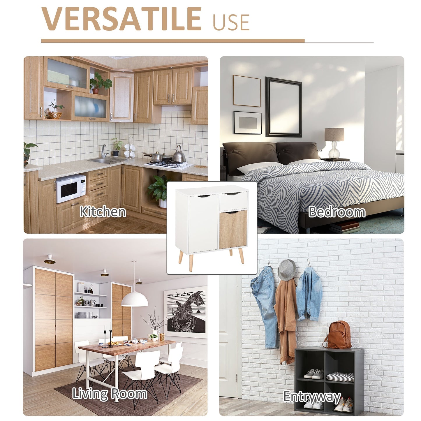 HOMCOM Sideboard Floor Cabinet Storage Cupboard with Drawer and Solid Wood Legs for Bedroom, Living Room, Entryway, Brown