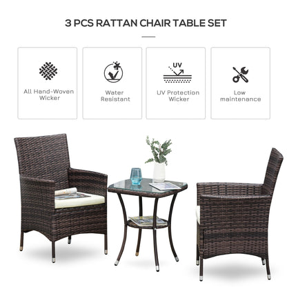 Outsunny Three-Piece Rattan Chair Set, with Cushions - Brown