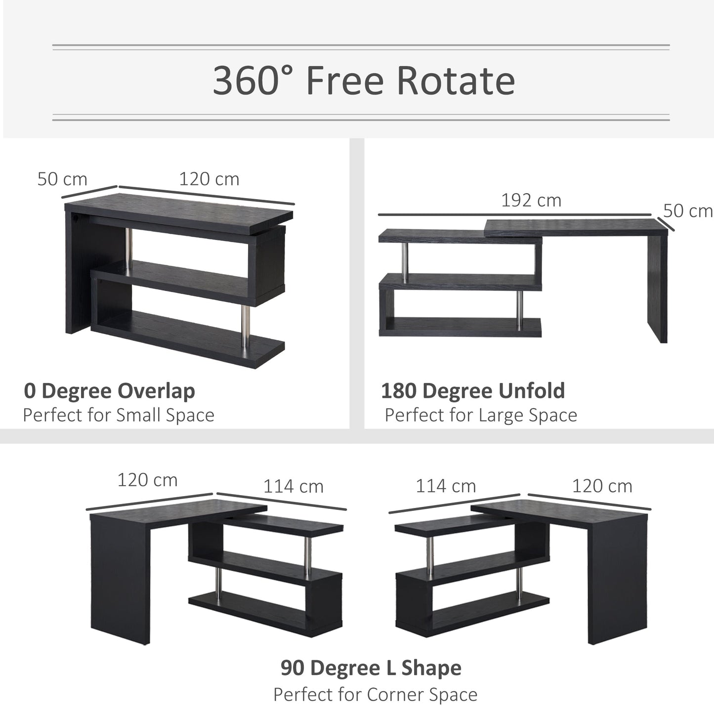 HOMCOM L Shaped Desk with 360Â° Rotating Storage Shelves, Corner Computer Desk, Space Saving Study Table for Home Office, Black