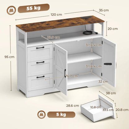 HOMCOM Sideboard Cabinet with Power Outlet, Farmhouse Kitchen Cabinet with 3 Drawers and Open Shelf, White