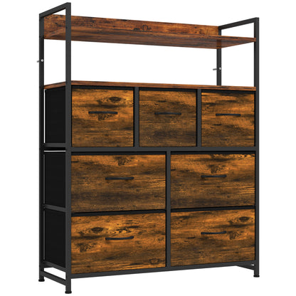 HOMCOM Chest of Drawers, Bedroom Fabric Dresser with 7 Drawers, Storage Organiser Unit with Open Shelves, Rustic Brown