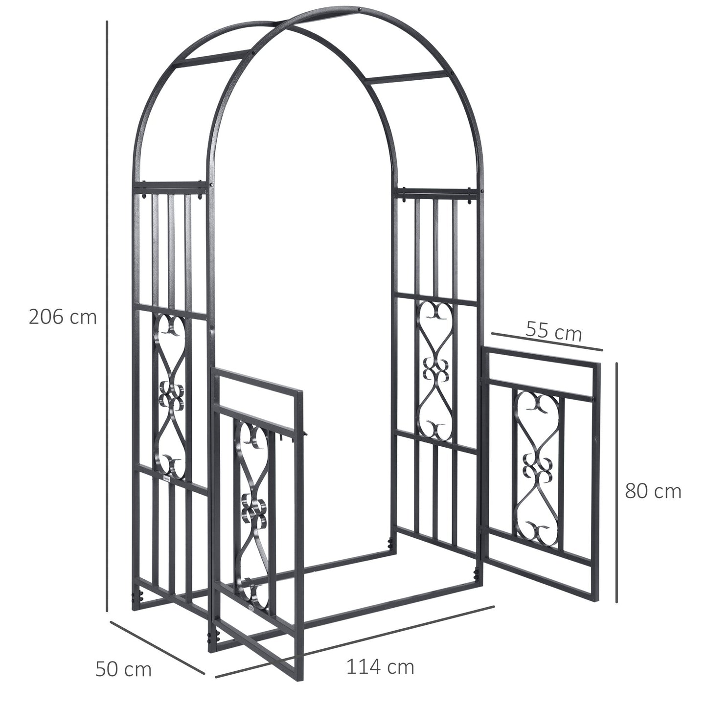 Outsunny Outdoor Garden Arch with Double Gates, Metal Garden Arbor for Climbing Plants, Roses, Vines, Wedding Arch for Outdoor, 114L x 50W x 206H cm, Dark Grey