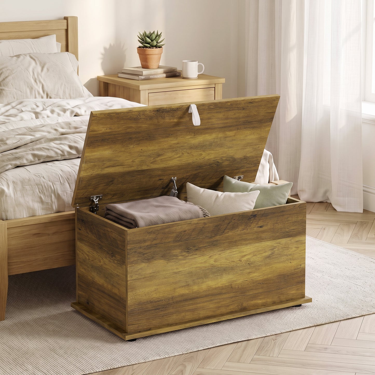 HOMCOM Storage Chest, 102L Blanket Box, Shoe Bench Safety Hinged Lid, Bed End Bench for Bedroom, 80 x 40 x 45cm, Brown