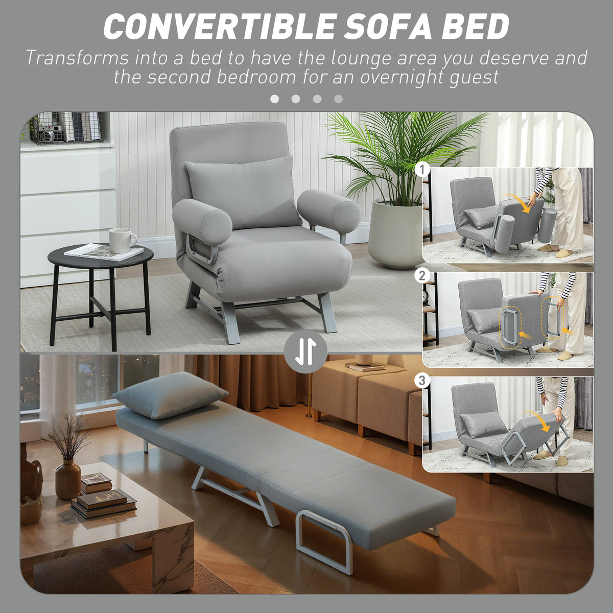 HOMCOM Single Sofa Bed, 3-in-1 Convertible Folding Chair Bed with Adjustable Backrest, Removable Armrests, Light Grey