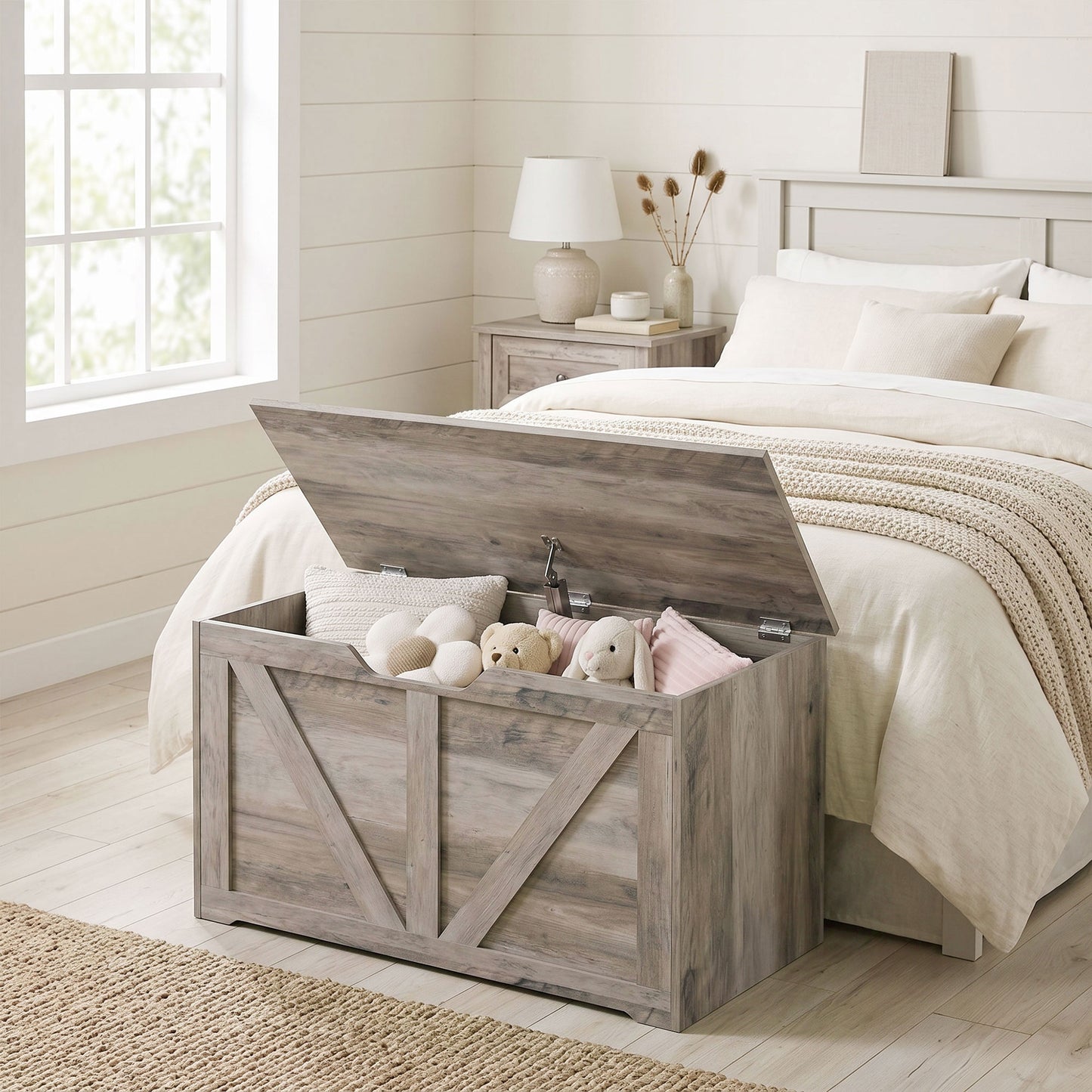 HOMCOM 100L Home Storage Box, with Safety Hinge - Grey Wood-Effect