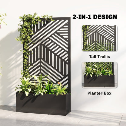 Outsunny Metal Garden Bed for Garden with Trellis, Raised Garden Bed with Privacy Screen, Geometric Slatted Cut-Out