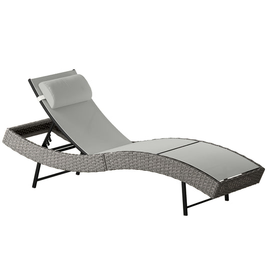 Outsunny Rattan Sun Lounger, Garden Recliner with 5 Position Adjustable Back, S Shaped Texteline Seat, Headrest, Light Grey
