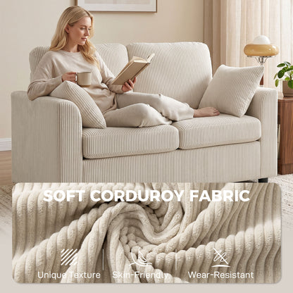 HOMCOM 2 Seater Sofa, Corduroy Small Couch with Spring Cushion, Wide and Deep Seat, Beige
