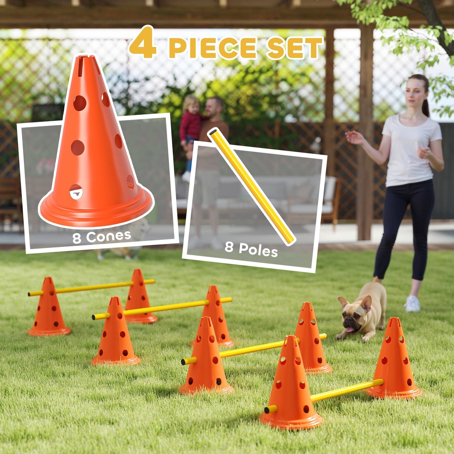 PawHut Dog Agility Equipment Set of Eight Cones, Eight Poles w/ Carry Bag, Four-Piece Adjustable Height Jumping Obstacles