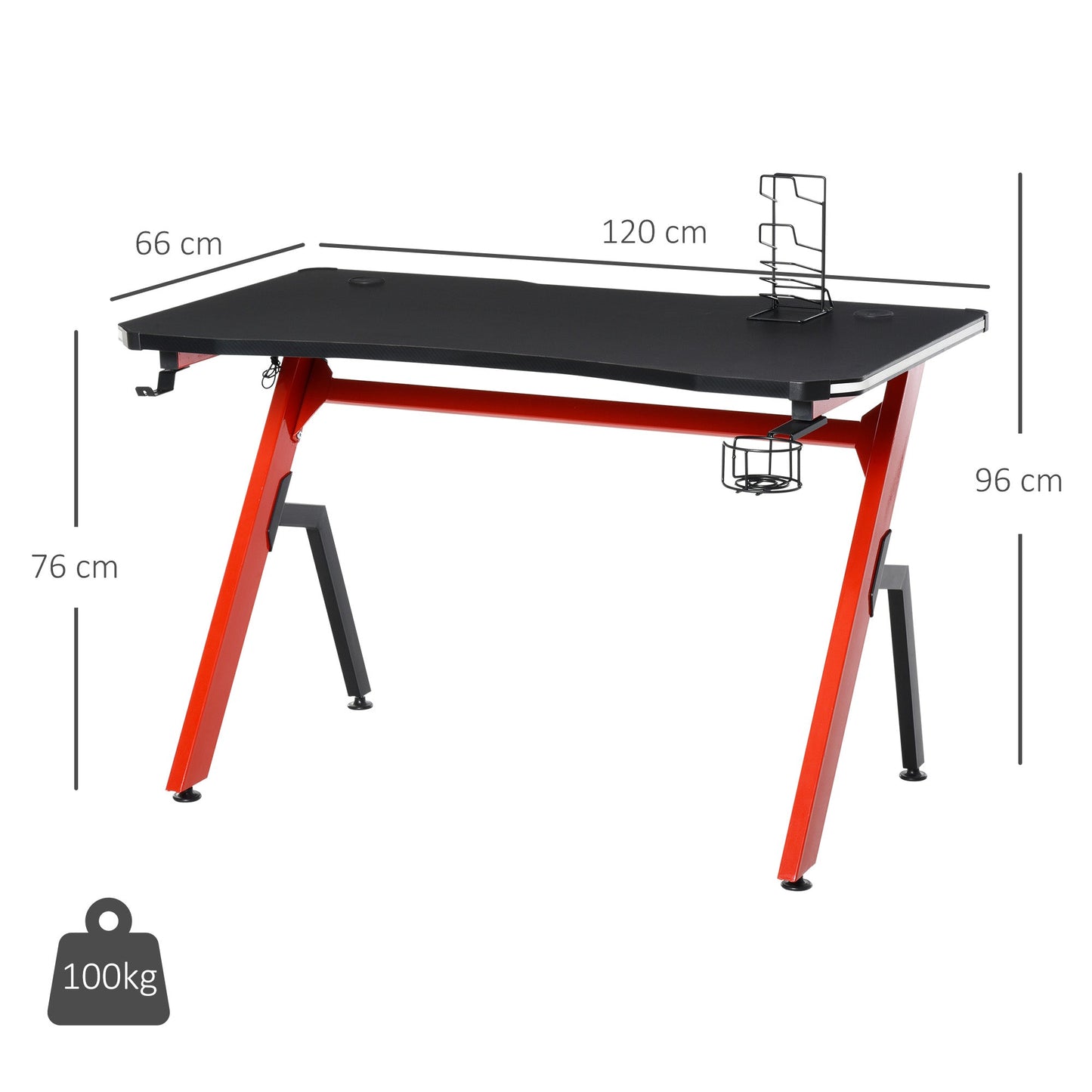 مكتب ألعاب HOMCOM RGB مقاس 120 × 66 سم، طاولة كمبيوتر بسطح من ألياف الكربون، خطاف سماعة رأس، حامل أكواب، رف وحدة تحكم، مكتب منزلي، أسود وأحمر