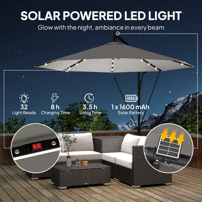 Outsunny 3 m Cantilever Parasol with Solar LED Lights Garden Umbrella with Cross Base, Light Grey