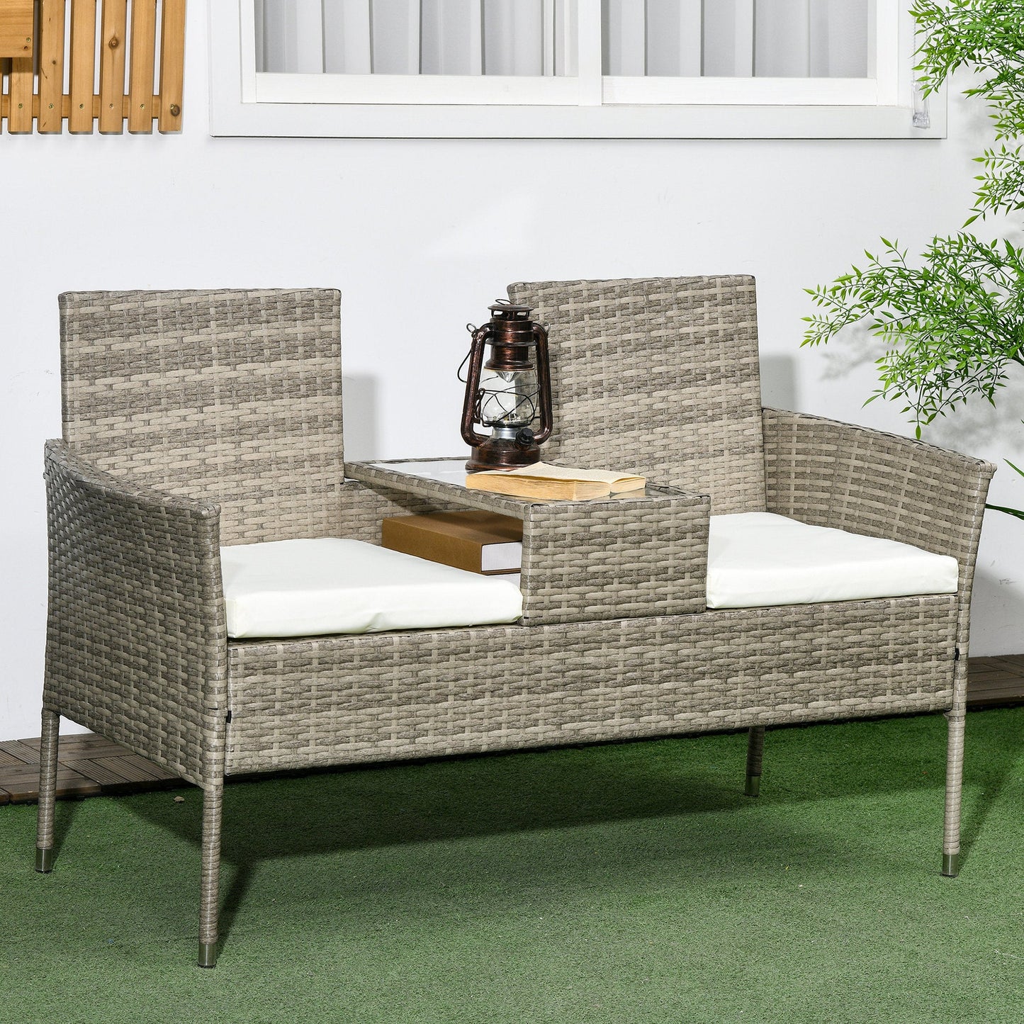 Outsunny Two-Seat Rattan Chair, with Middle Table - Grey