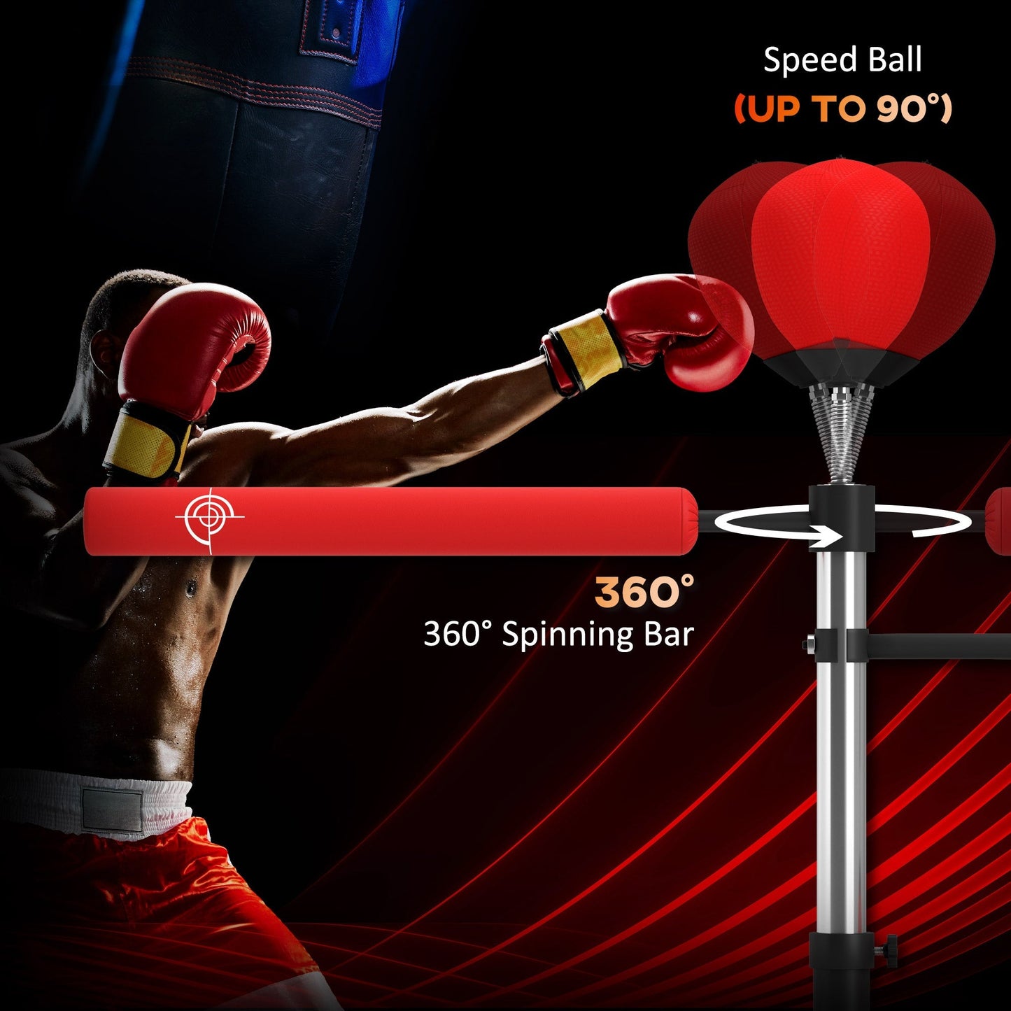 HOMCOM 4-in-1 Boxing Punching Bag, Freestanding with 2 Speed Bals, 360 Reflex Bar, 160-230cm Adjustable Height, Red
