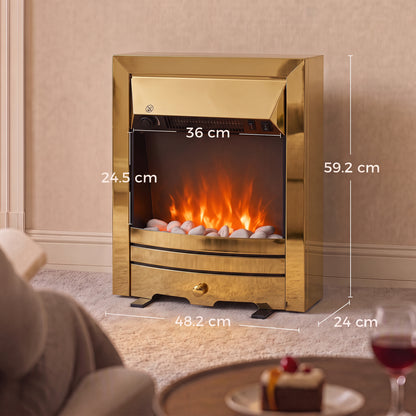 HOMCOM Electric Fireplace Stove Freestanding/Inset, 2000W, Electric Fire with LED Flame, Pebbles, Adjustable Thermostat, Gold