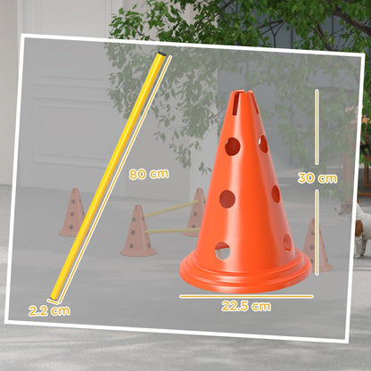 PawHut Dog Agility Equipment Set of Six Cones, Six Poles with Carry Bag, Three-Piece Adjustable Height Jumping Obstacles Orange