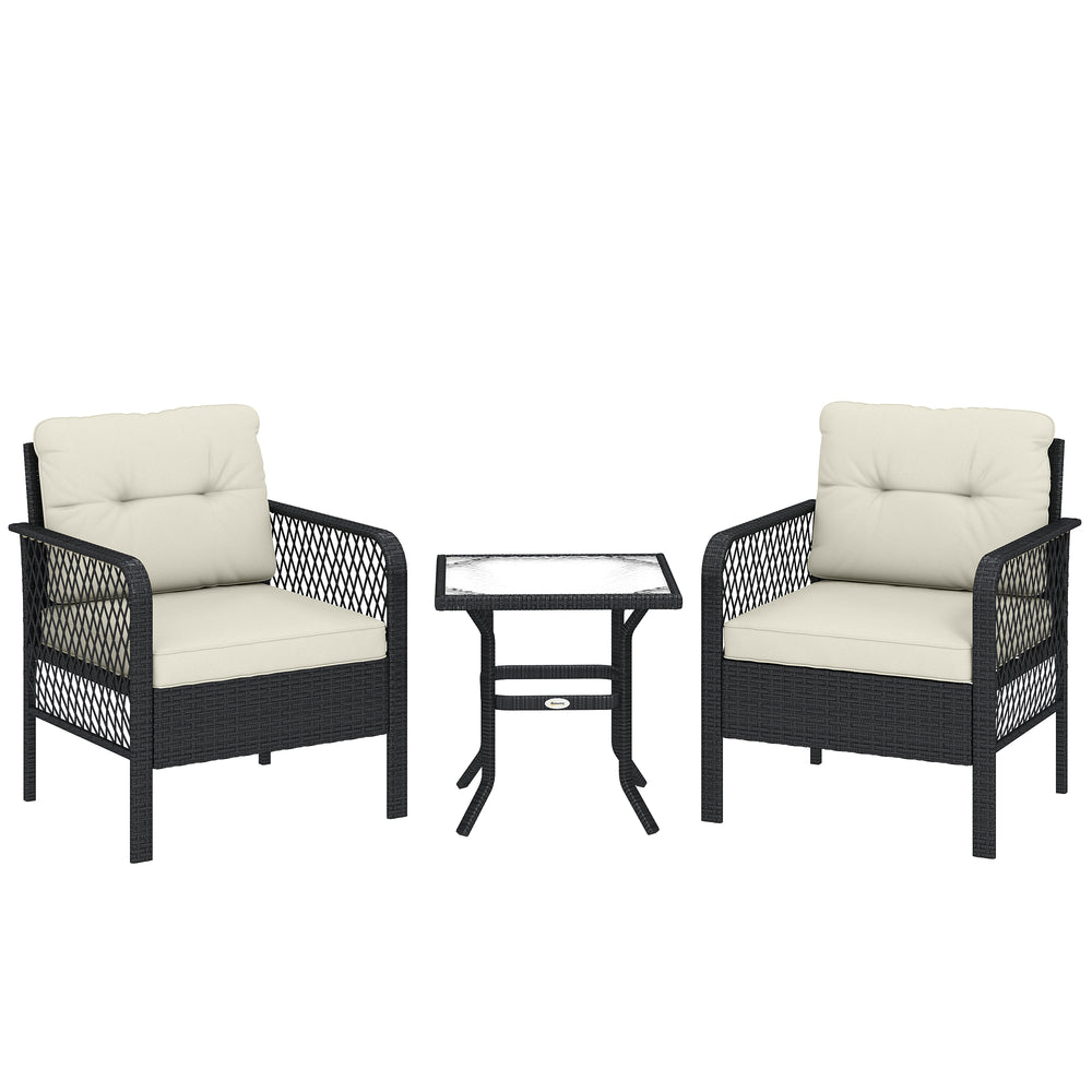 Outsunny 3 Pieces Rattan Bistro Set with Glass Top Coffee Table, Chairs and Cushions for Outdoor, Patio, Balcony, Cream