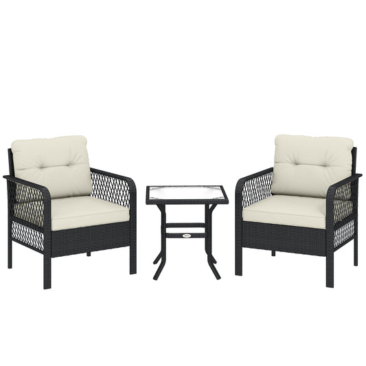 Outsunny 3 Pieces Rattan Bistro Set with Glass Top Coffee Table, Chairs and Cushions for Outdoor, Patio, Balcony, Cream