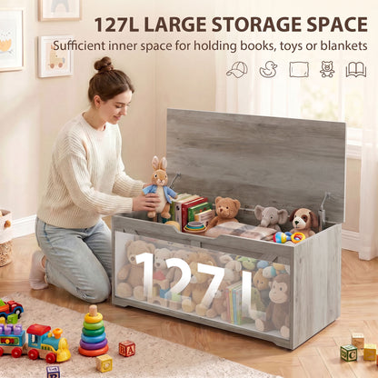 HOMCOM 127L Home Storage Box, with Safety Hinges - Grey Wood-Effect