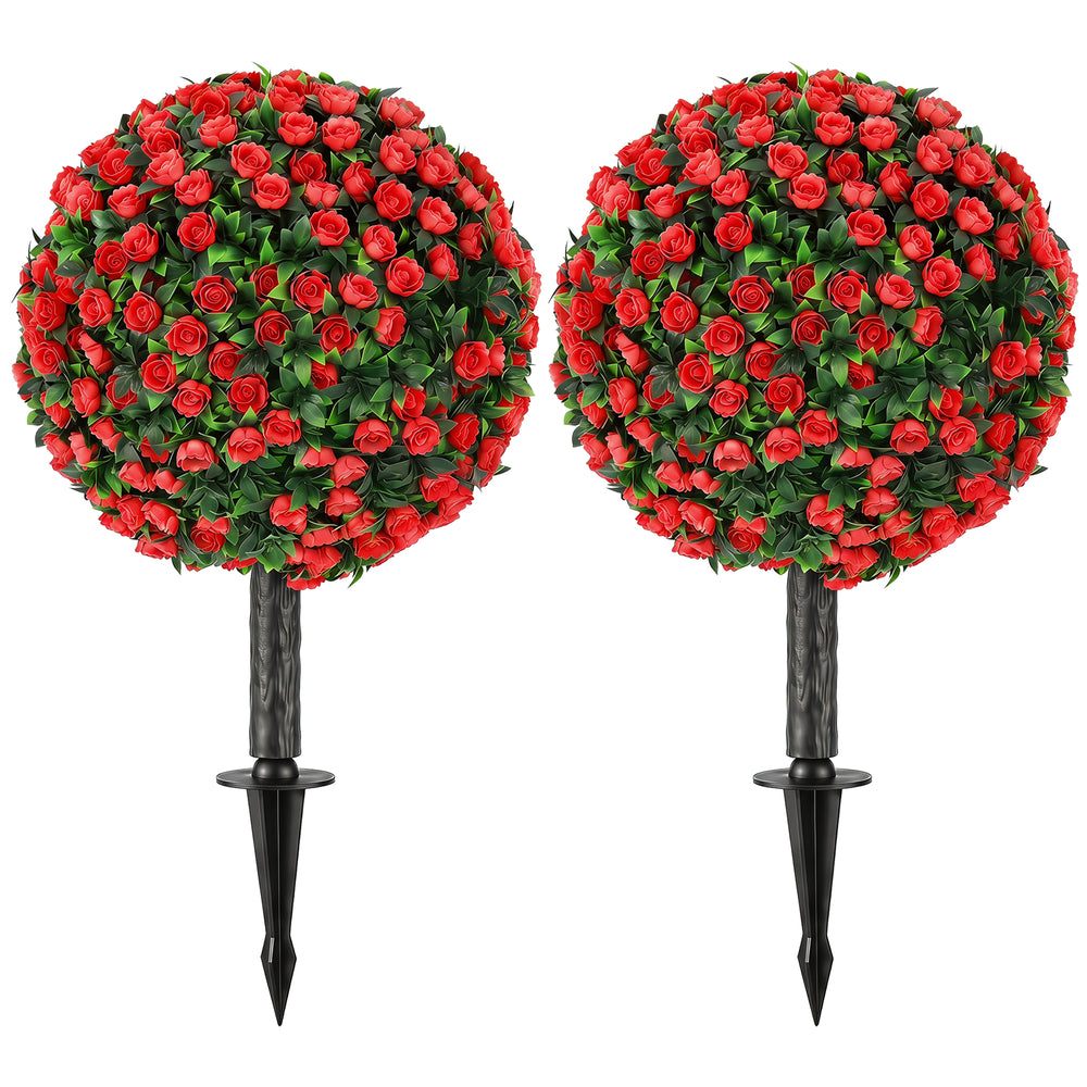 HOMCOM Artificial Rose Topiary UV Resistant, 2-Pack Fake Plants, 55 cm, Red