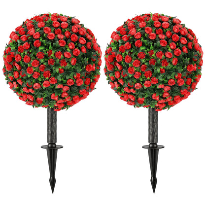 HOMCOM Artificial Rose Topiary UV Resistant, 2-Pack Fake Plants, 55 cm, Red