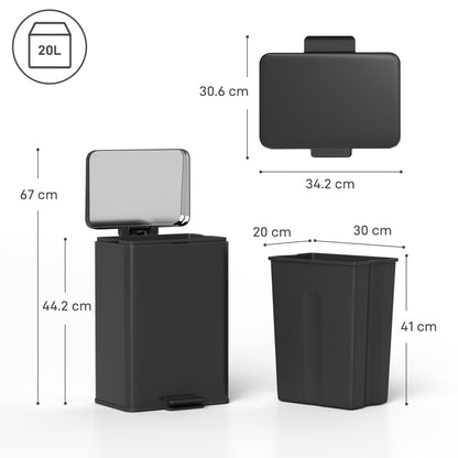 HOMCOM 20L Kitchen Bin with Soft-Close Lid and Stay-Open Function, Stainless Steel Pedal Bin with Removable Inner Bucket for Kitchen, Office, Home, Matte Black