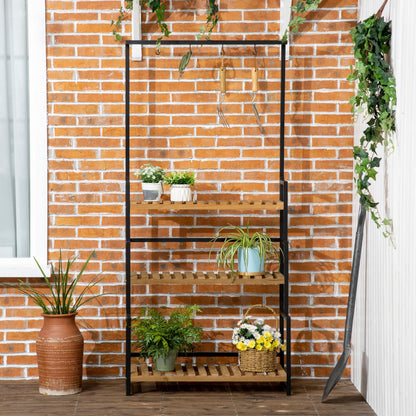 Outsunny 3 Tiered Plant Stand with Hanging Hooks, Flower Rack Shelf for Indoor Outdoor Porch Balcony Living Room Bedroom