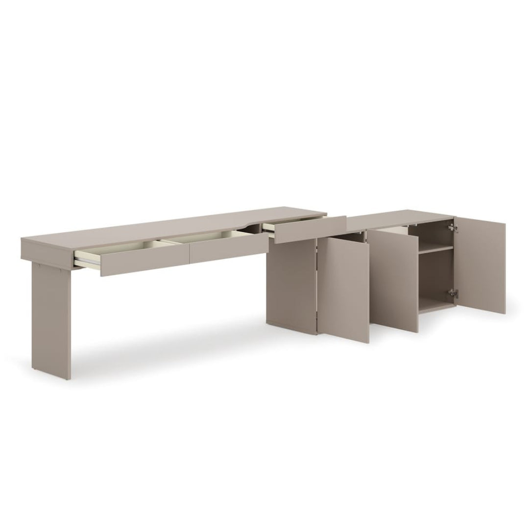 Modern L-shaped desk with storage cabinets on a white background