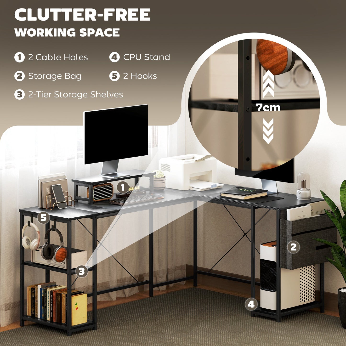 HOMCOM 168cm Reversible L Shaped Desk, Industrial Corner Computer Desk with Adjustable Shelf and Storage Bag, 240cm 2 Person PC Table with Monitor Stand, Black