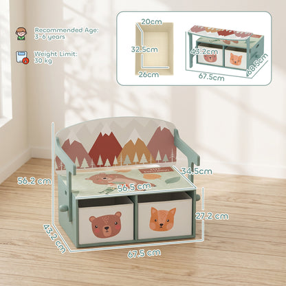 AIYAPLAY Kids Table and Chair Set, 3 in 1 Wooden Toy Box with 2 Fabric Drawers for Bedroom, Playroom, Gift for Boys Girls, Green