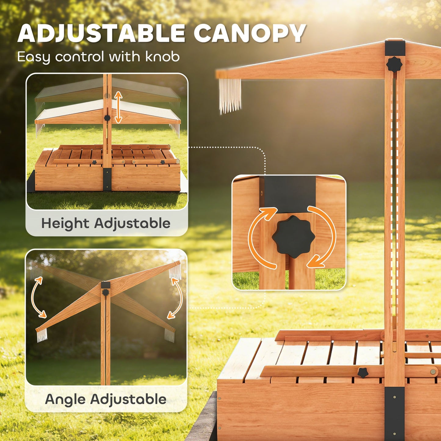 AIYAPLAY Kids Sand Pit with Lid, Wooden Sandpit with Canopy, Foldable Picnic Table, Bench Seats, Bottom Liner for Patio Garden