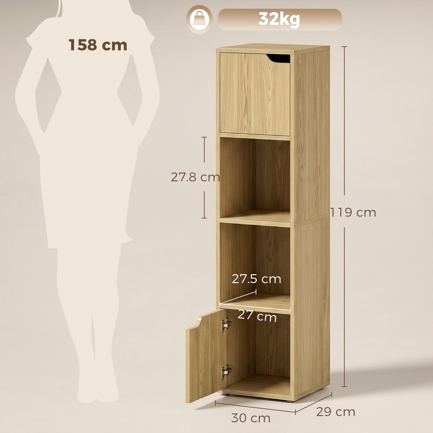HOMCOM Narrow Bookcase, 4-Tier Bookshelf, Storage Cabinet with doors for Living Room, Bedroom, Oak