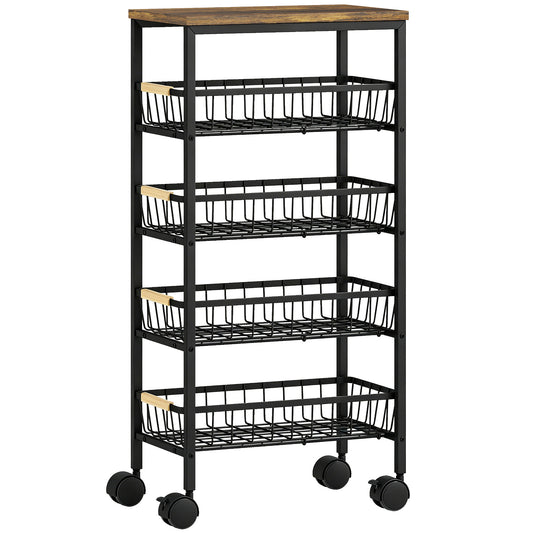 HOMCOM Metal Kitchen Trolley, 4-Tier Storage Trolley with Pull-Out Baskets and 4 Swivel Casters for Kitchen, Rustic Brown