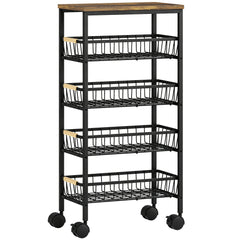 HOMCOM Metal Kitchen Trolley, 4-Tier Storage Trolley with Pull-Out Baskets and 4 Swivel Casters for Kitchen, Rustic Brown