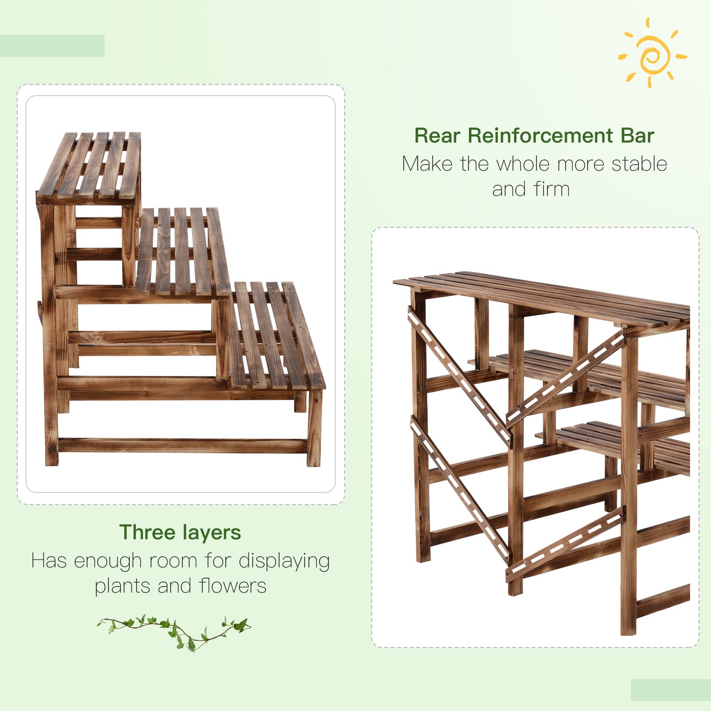 Outsunny 3 Tier Outdoor Plant Stand, Wood Ladder Shelf, Flower Pot Display Rack for Garden Backyard