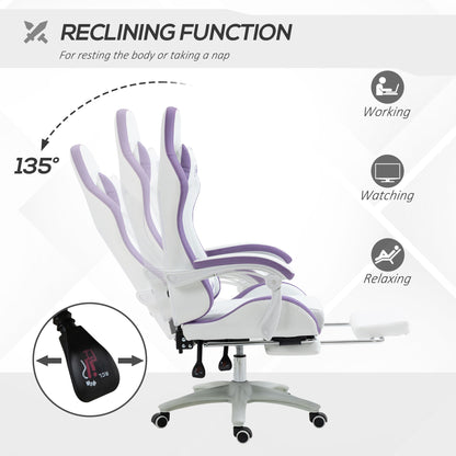 Vinsetto Computer Gaming Chair, PU Leather Desk Chair with Footrest, Swivel Task Chair with 135¡ Reclining Back and Lumbar Support, PC Chair for Adults, White and Purple