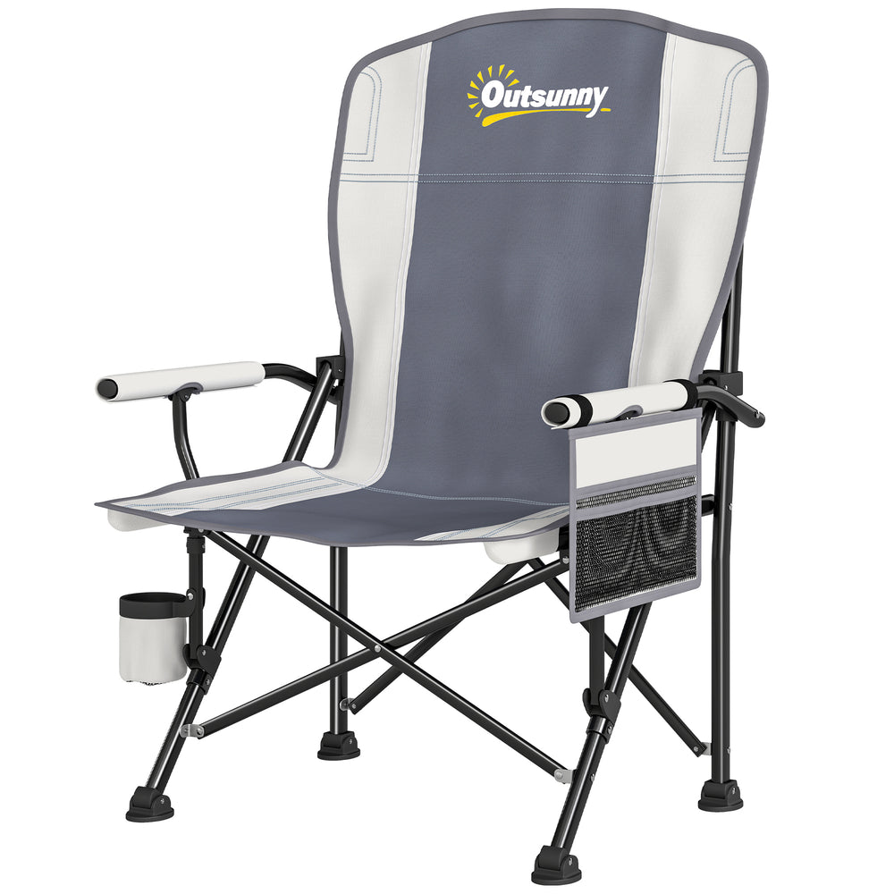 Outsunny Padded Camping Chair Adults Heavy Duty Folding Chair Side Pocket Cup Holder Carry Bag Outdoor Light Grey
