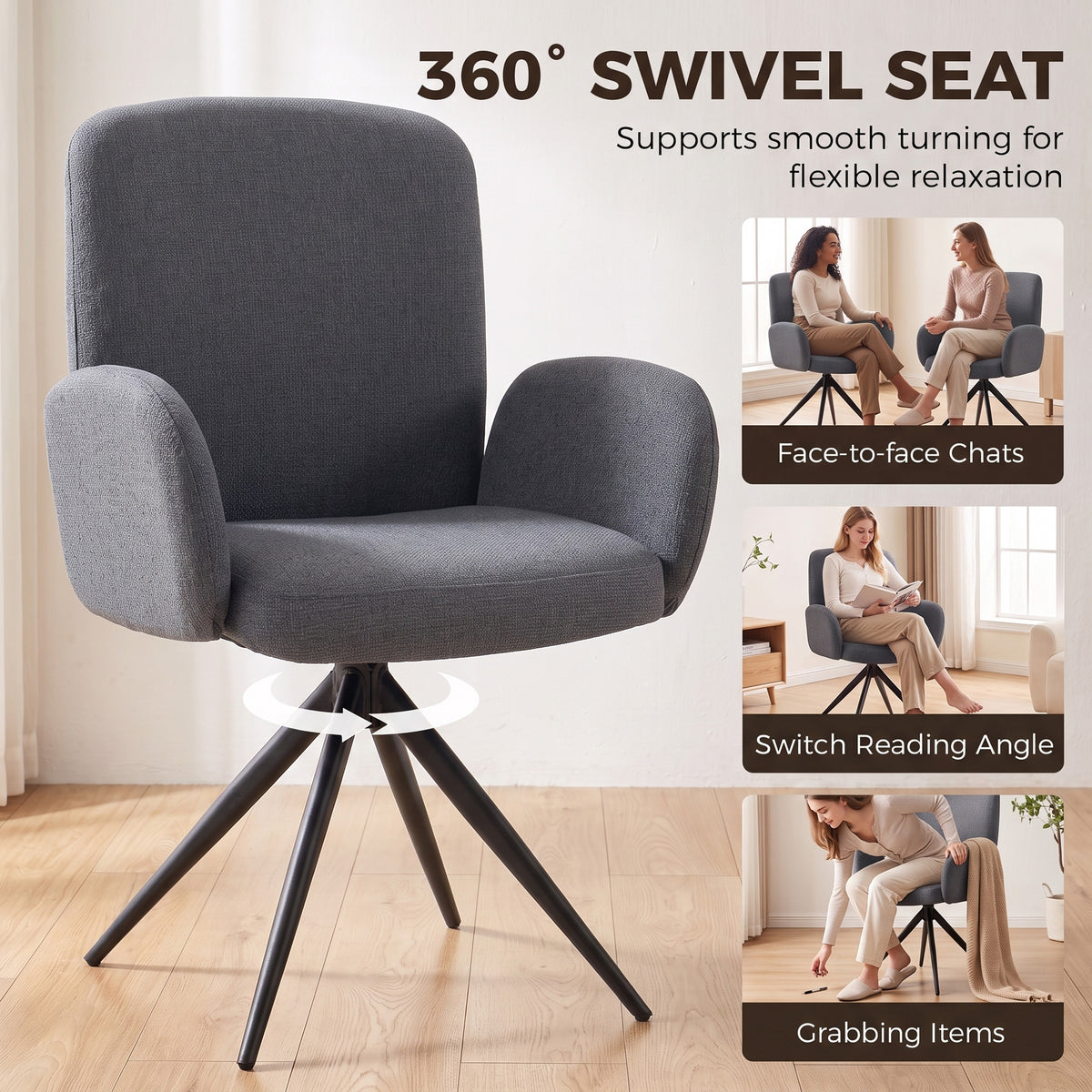 HOMCOM Swivel Accent Chair, Upholstered Linen-Look Armchair with Curved Backrest, Wrapped Armrests for Living Room, Grey
