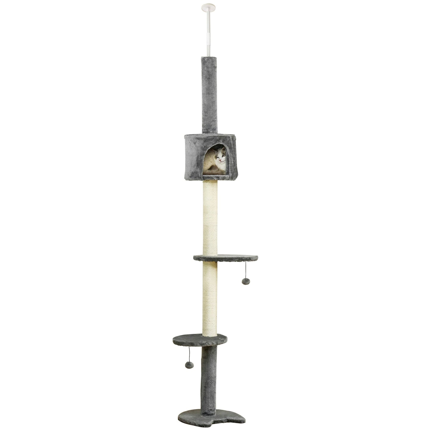 PawHut Floor to Ceiling Cat Tree for Indoor Cats, Kitten Tower, Condo, Multi-Layer Activity Center, Indoor Pet Play House with Solid Scratching Post Hanging Balls, Light Grey