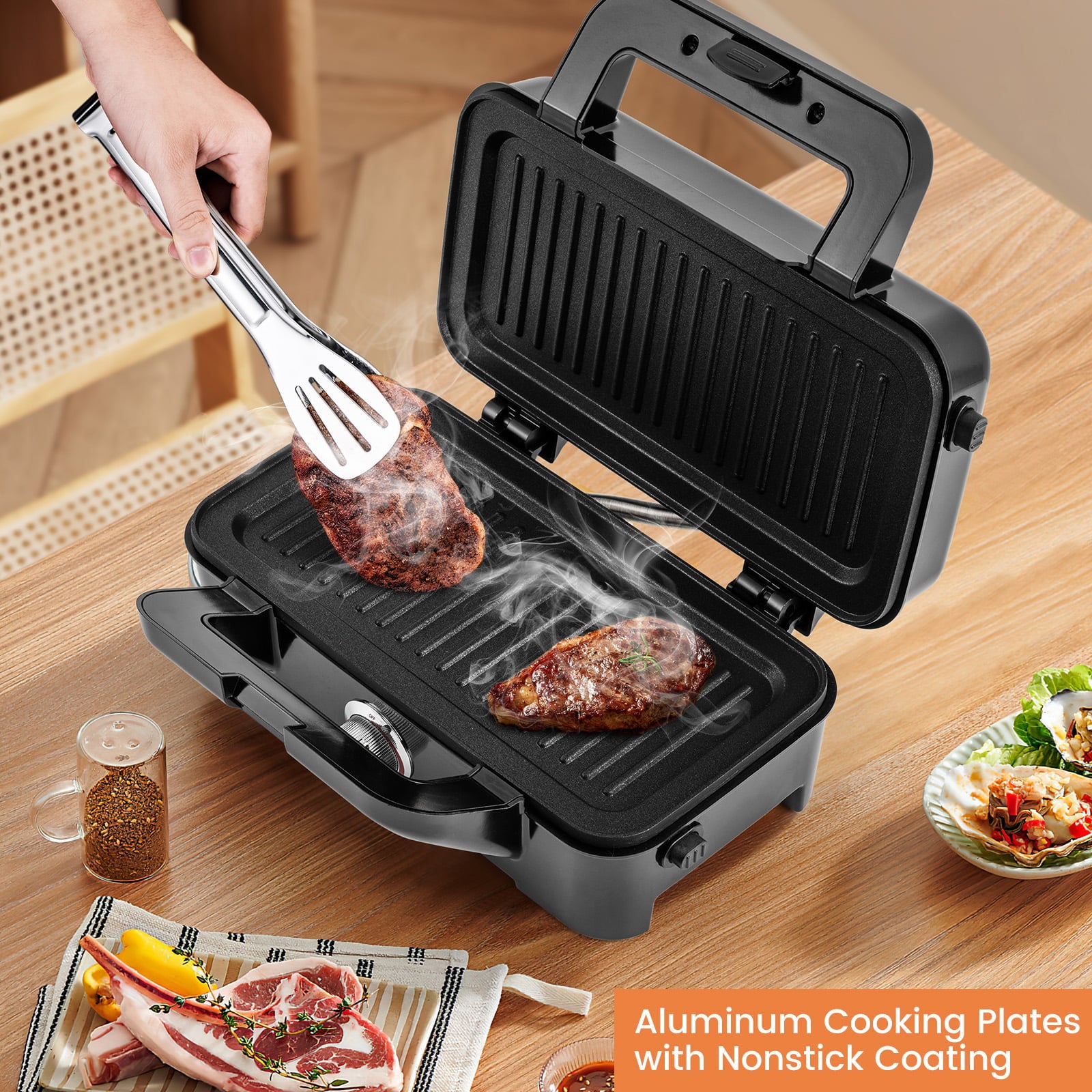 3 in 1 Waffle Maker with Non-stick Plates and Indicator Lights-Black