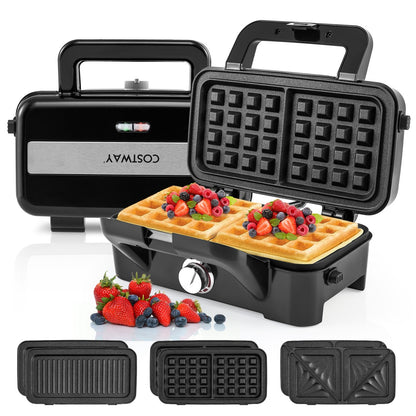 3 in 1 Waffle Maker with Non-stick Plates and Indicator Lights-Black