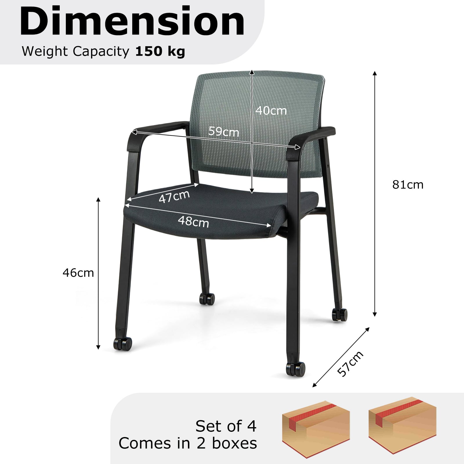 Waiting Room Chairs Set of 4 with Armrests and Wheels-Grey