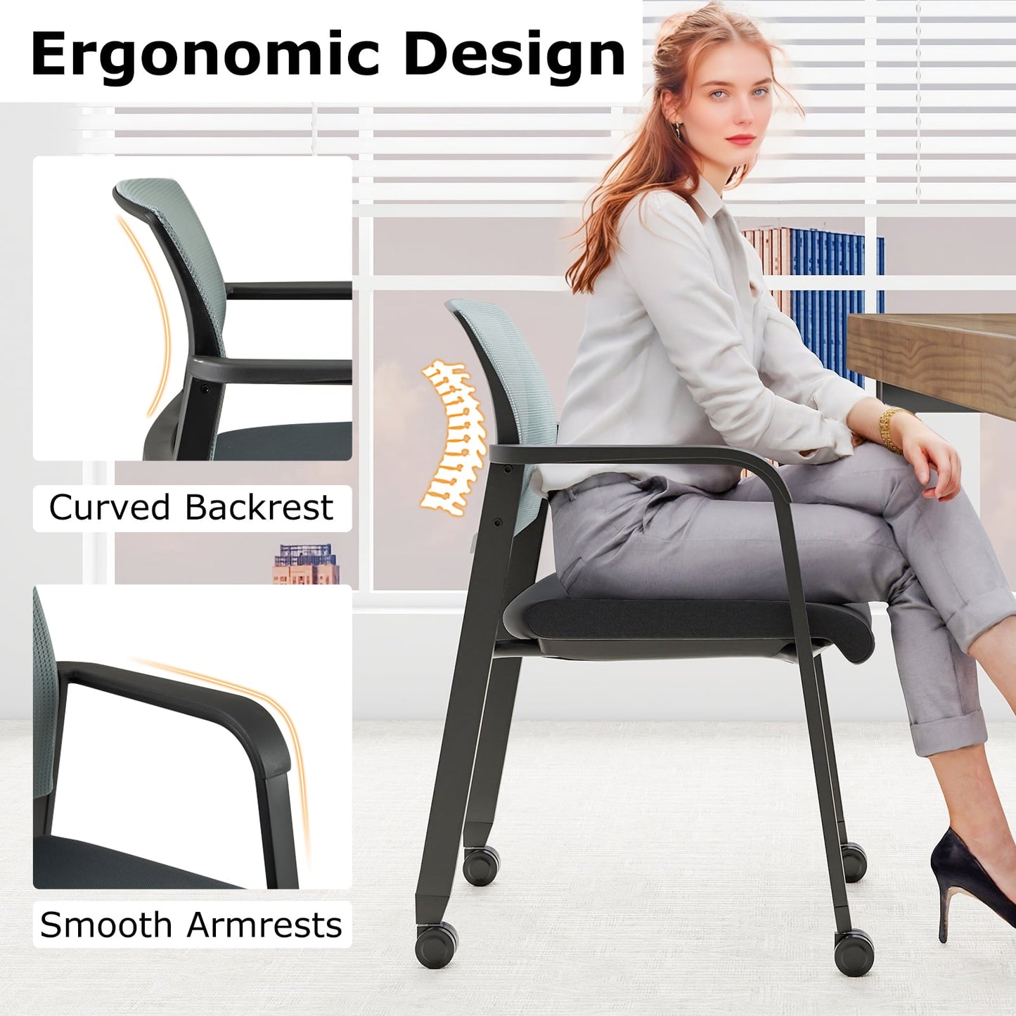 Waiting Room Chairs Set of 4 with Armrests and Wheels-Grey