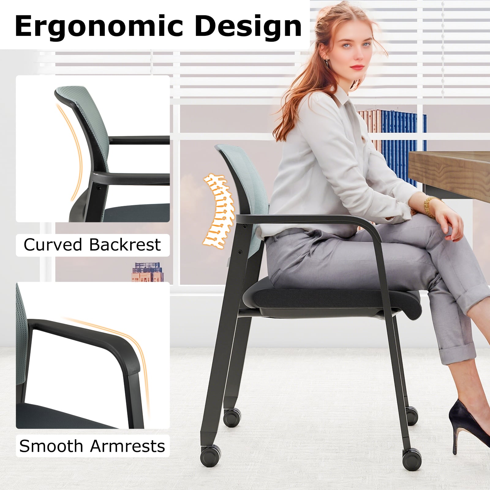 Waiting Room Chairs Set of 4 with Armrests and Wheels-Grey