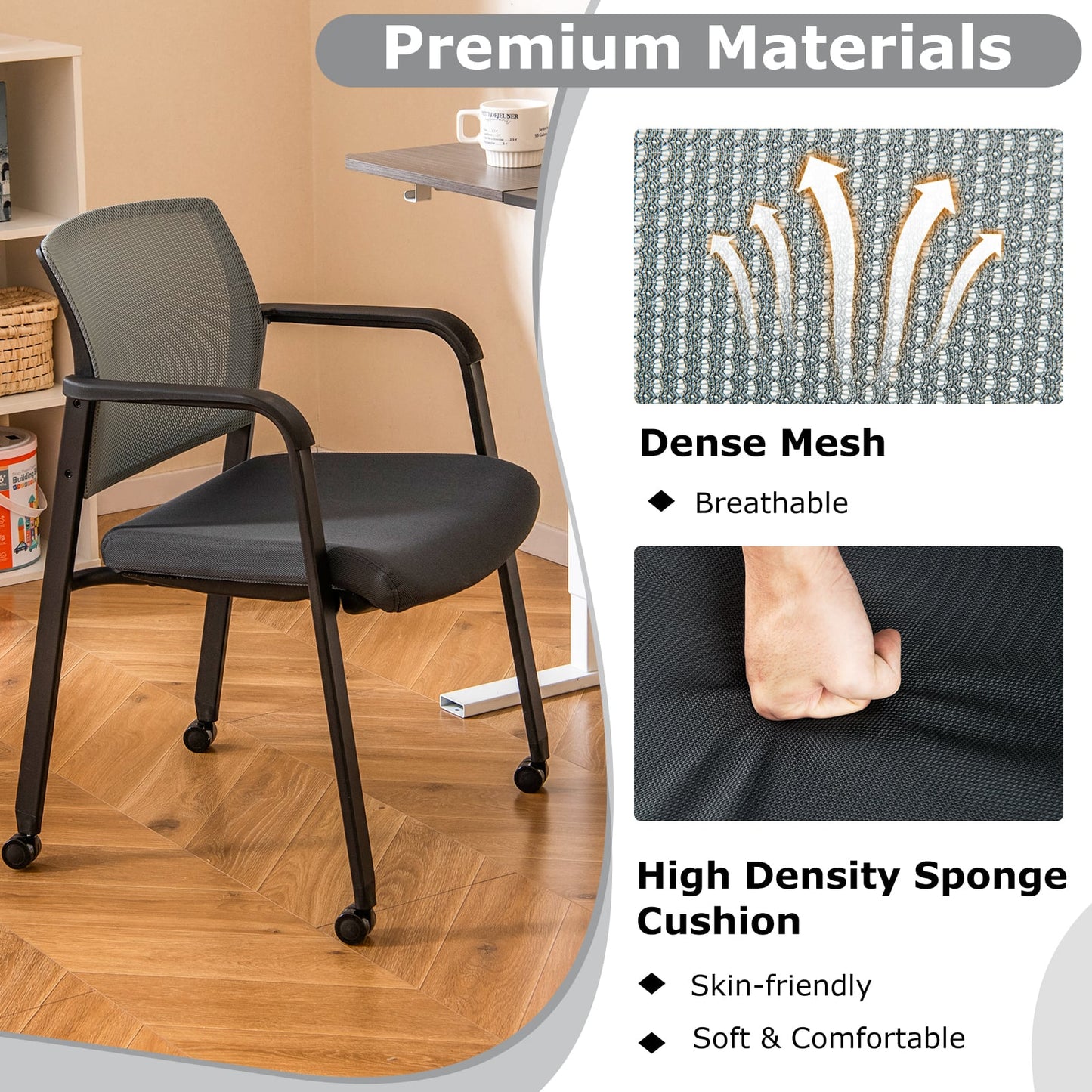 Waiting Room Chairs Set of 4 with Armrests and Wheels-Grey