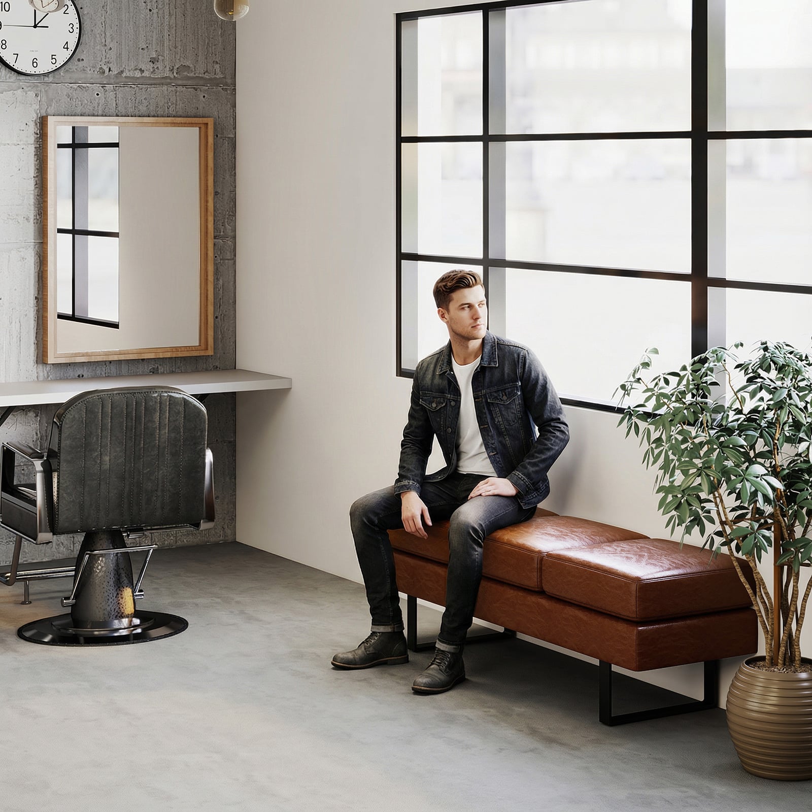 Waiting Room Bench Seating with 3 Seats and Metal Frame Leg-Brown